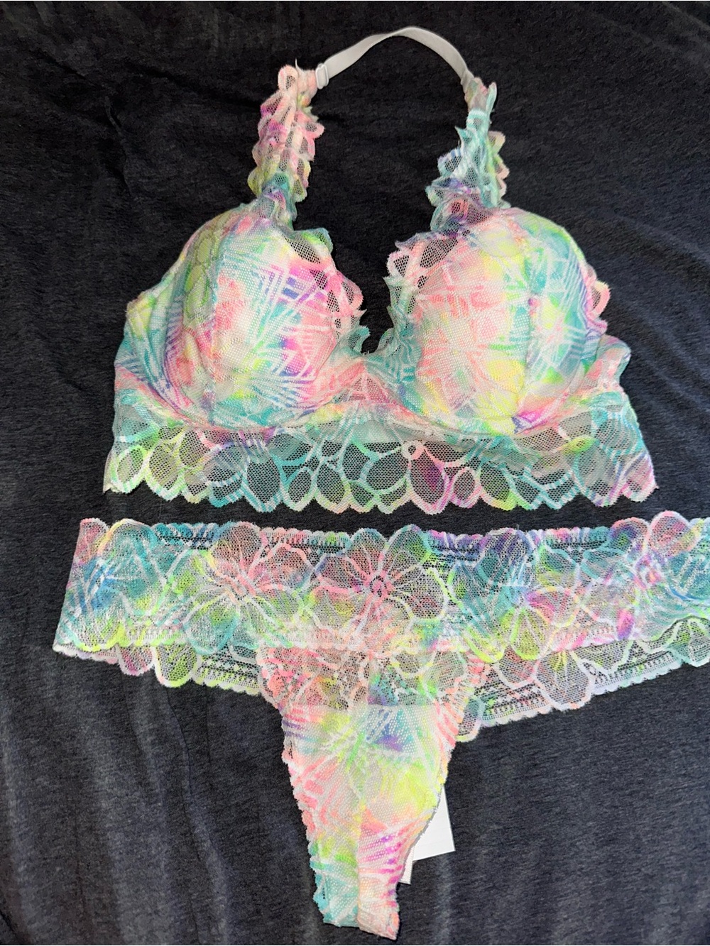 PINK Victoria's Secret Palm Print Pastel Multicolor Lace Bralette & Thong Set
